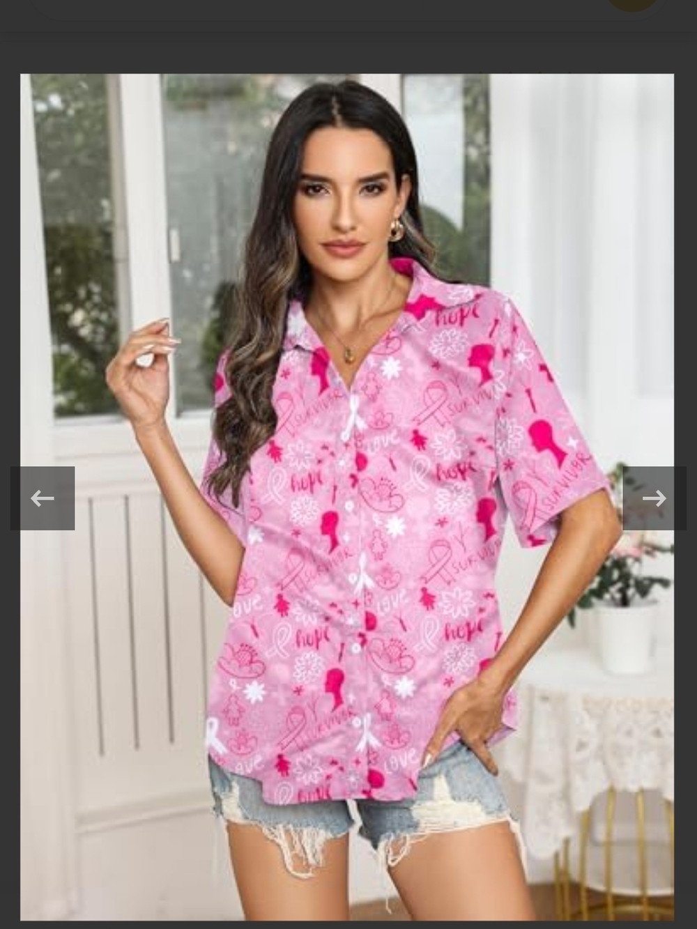 Breast Cancer Survivor Pink Printed Button-Up Women's Top